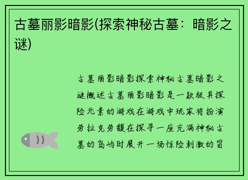 古墓丽影暗影(探索神秘古墓：暗影之谜)